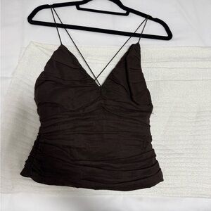 Brown ruched deep cut tank top with spaghetti straps #y2k